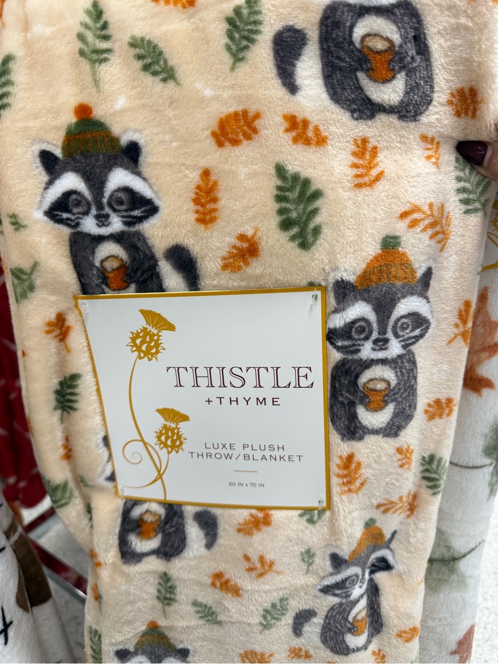 Plush Throw Blanket - Cream with Gray Raccoon Autumn Print